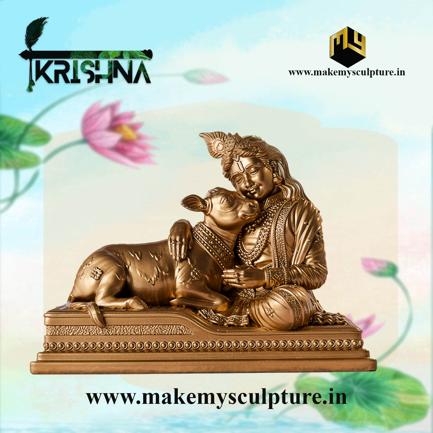 Lord Krishna with Sacred Calf Idol - Image 3
