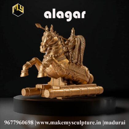Divine Azhagar on Golden Horse Vahanam Statue